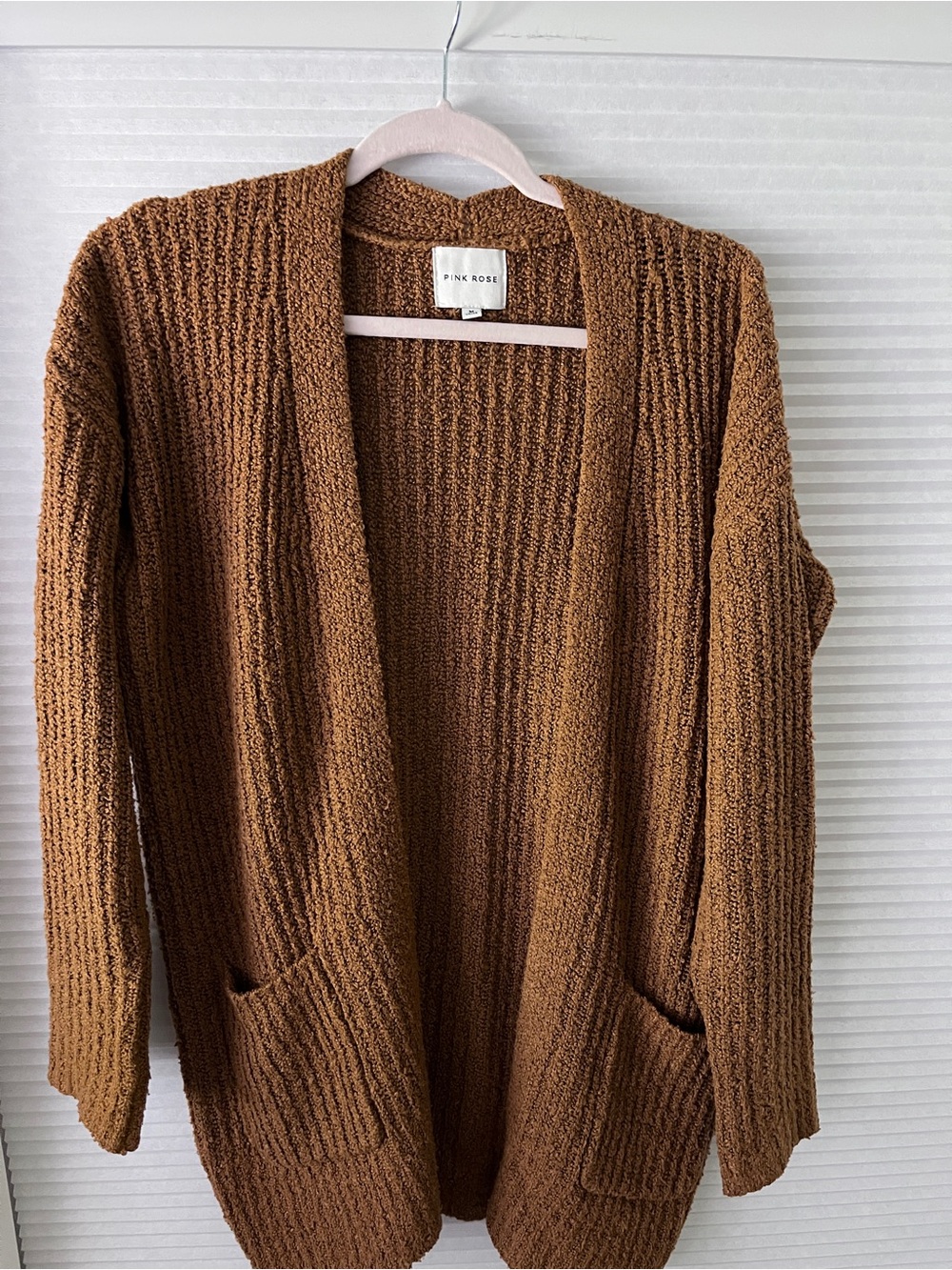 Pink Rose Open-Front Knit Ribbed Cardigan in Rust Brown